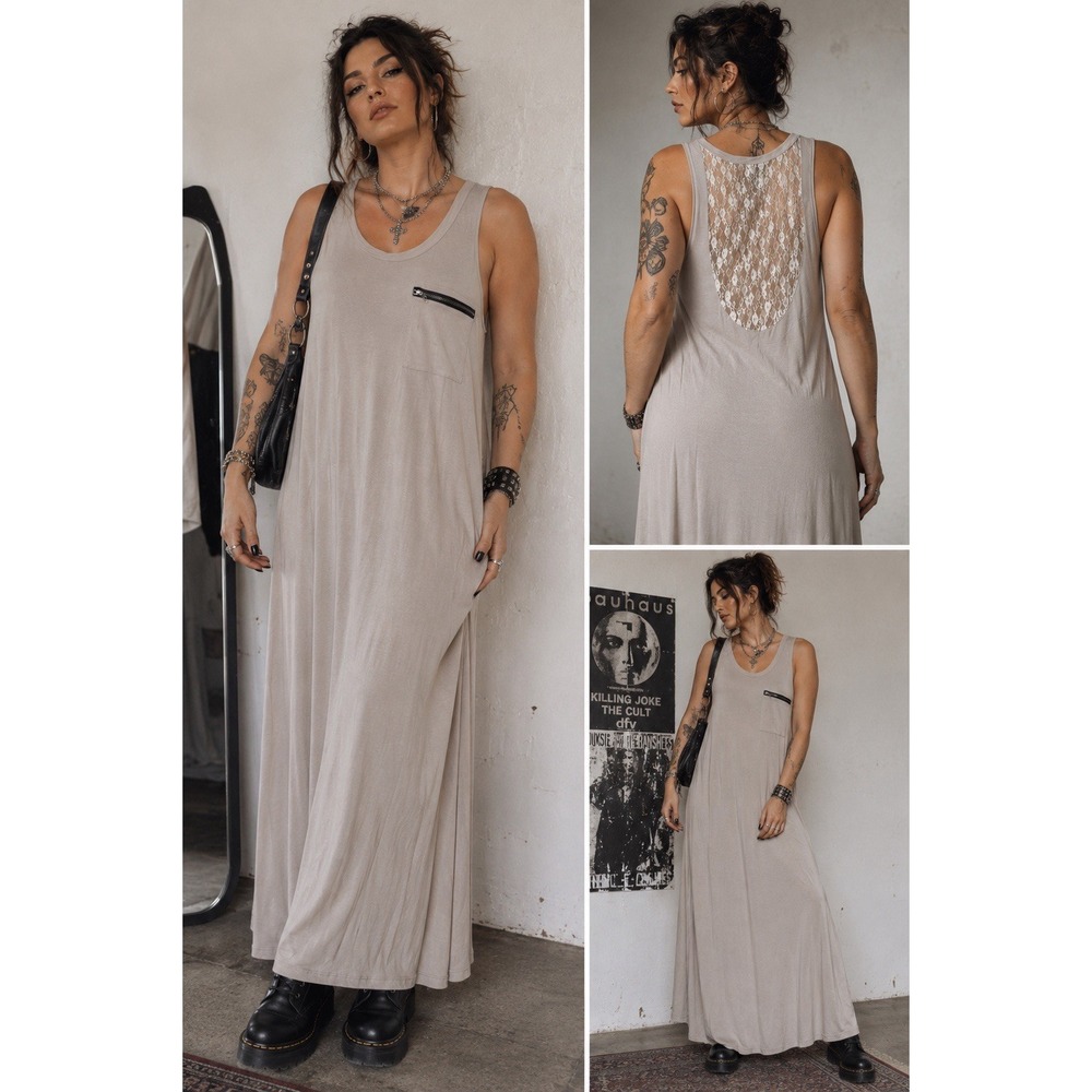 POL Women's Beige Maxi Dress Medium Lace Back Zip Pocket Lagenlook Boho